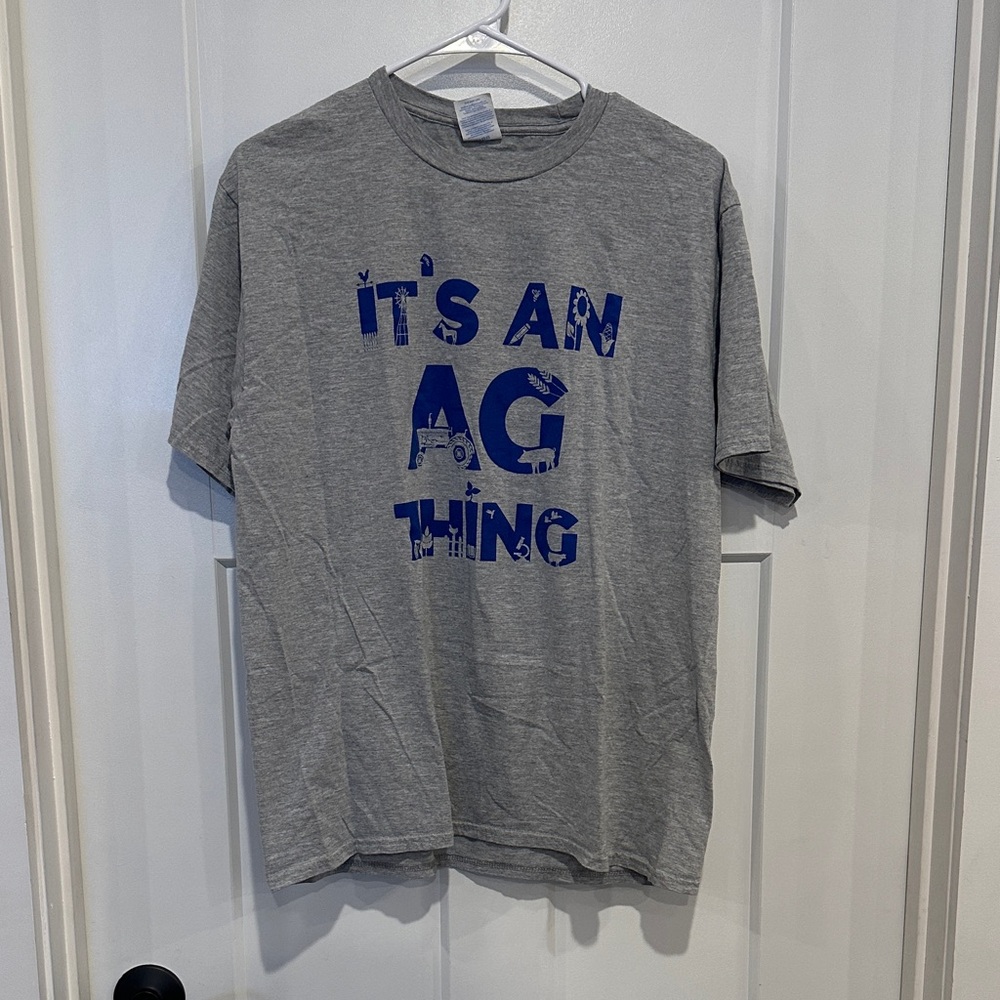 Gray T-Shirt with Blue Graphic